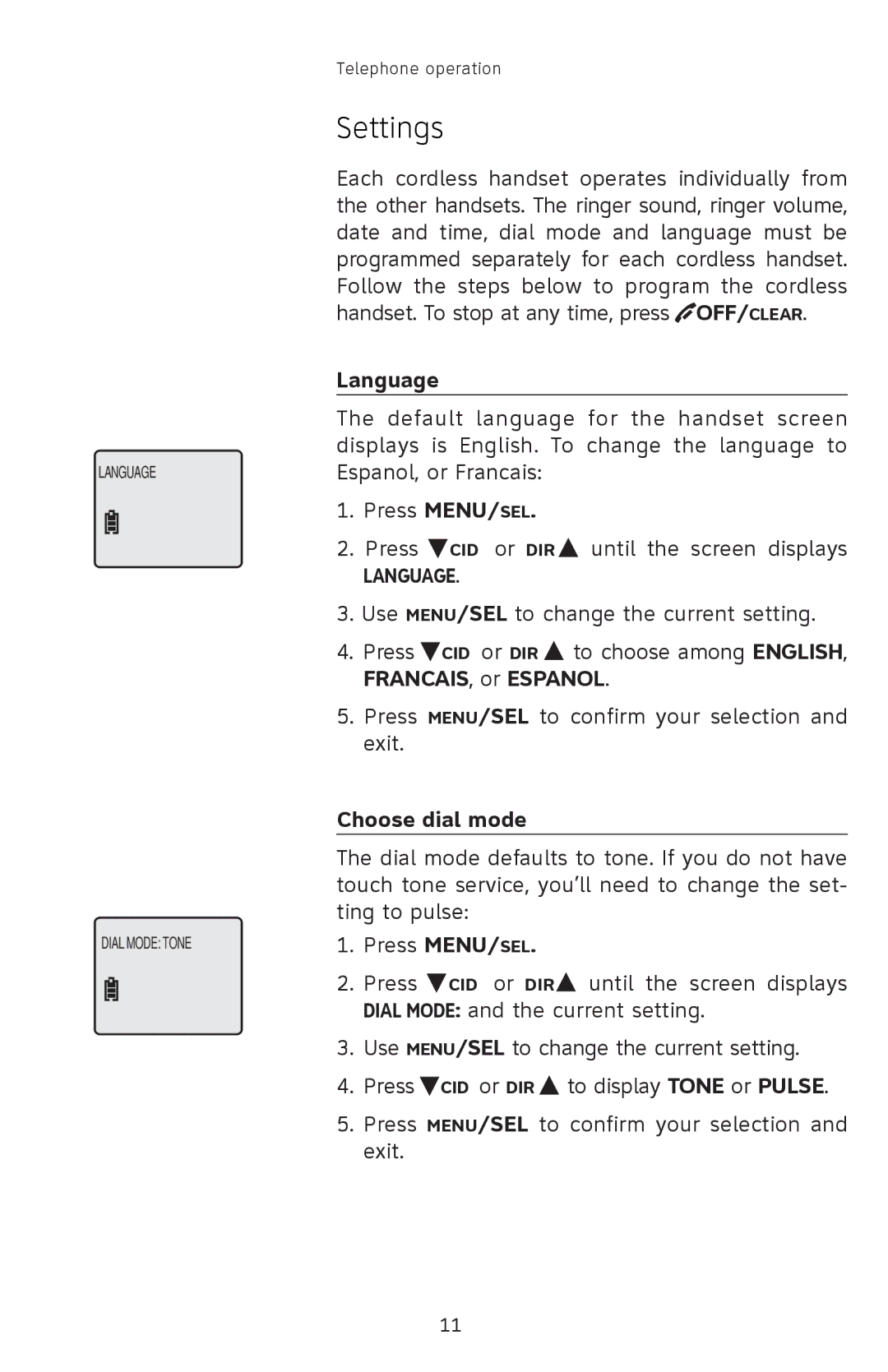 AT&T 91-001105-040-100 user manual Settings, Language, Choose dial mode 