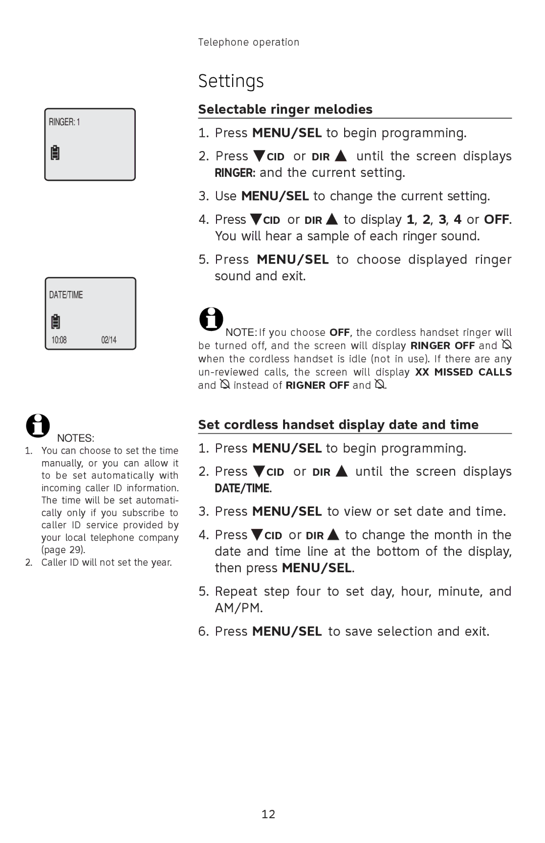 AT&T 91-001105-040-100 user manual Selectable ringer melodies, Set cordless handset display date and time 