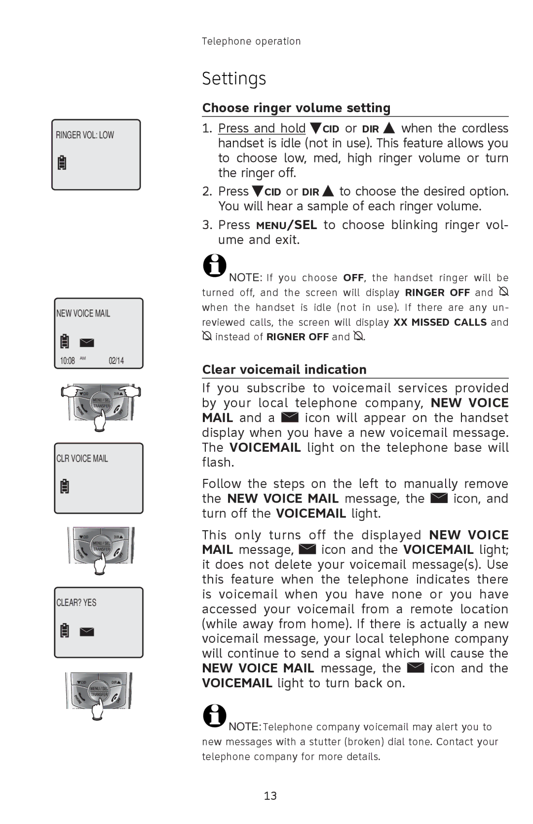 AT&T 91-001105-040-100 user manual Choose ringer volume setting, Clear voicemail indication 