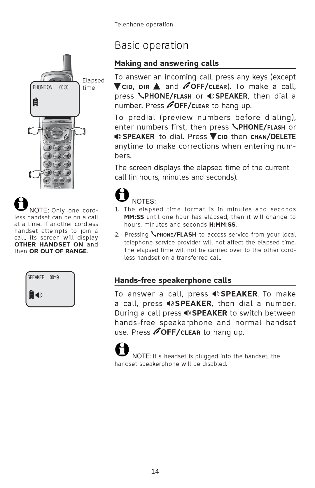 AT&T 91-001105-040-100 user manual Basic operation, Making and answering calls, Hands-free speakerphone calls 