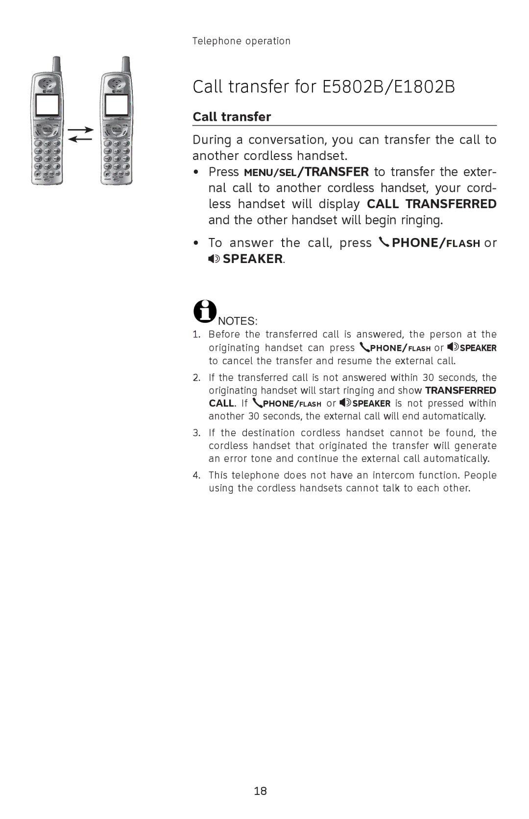 AT&T 91-001105-040-100 user manual Call transfer for E5802B/E1802B 