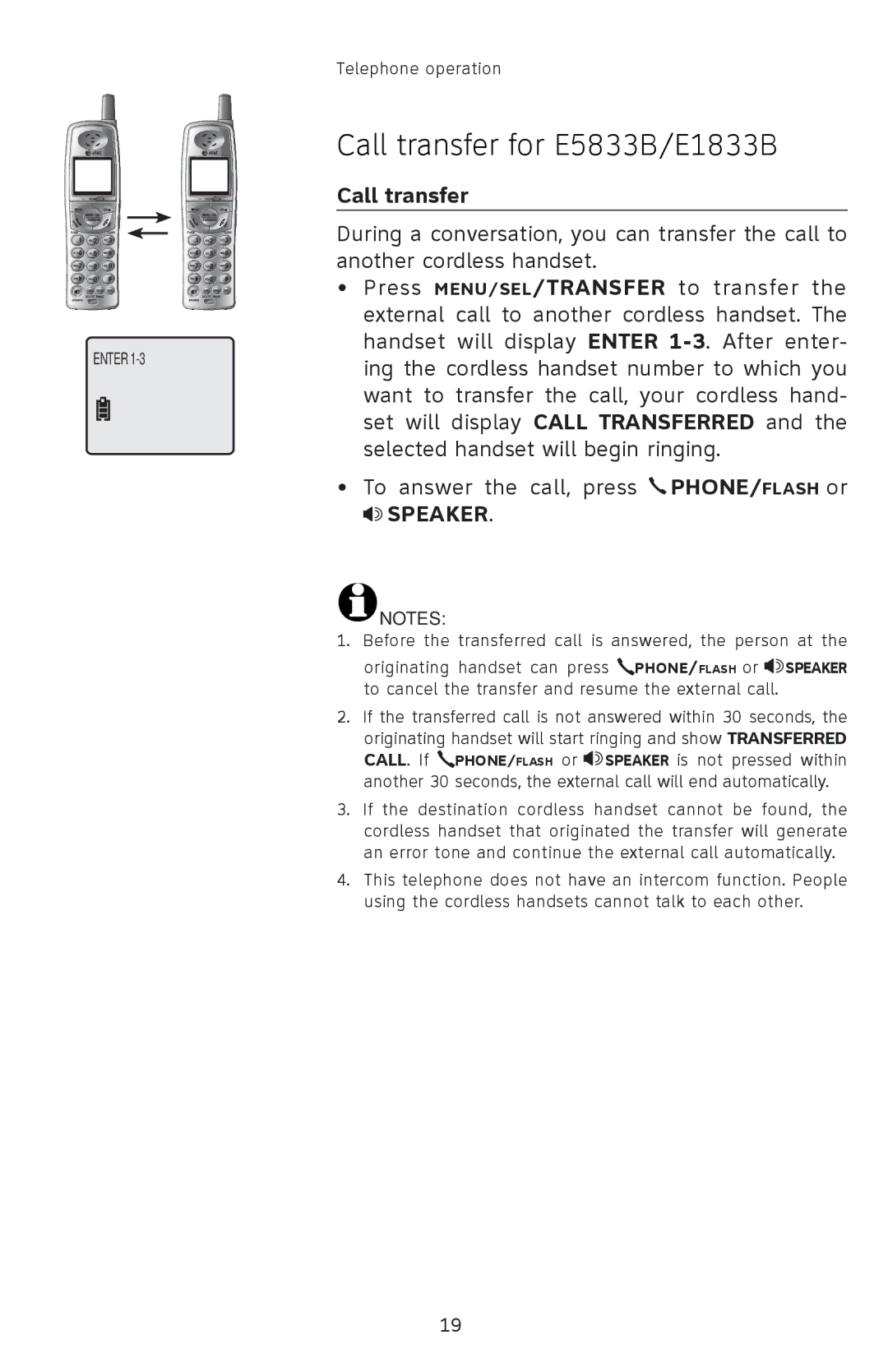 AT&T 91-001105-040-100 user manual Call transfer for E5833B/E1833B, To cancel the transfer and resume the external call 