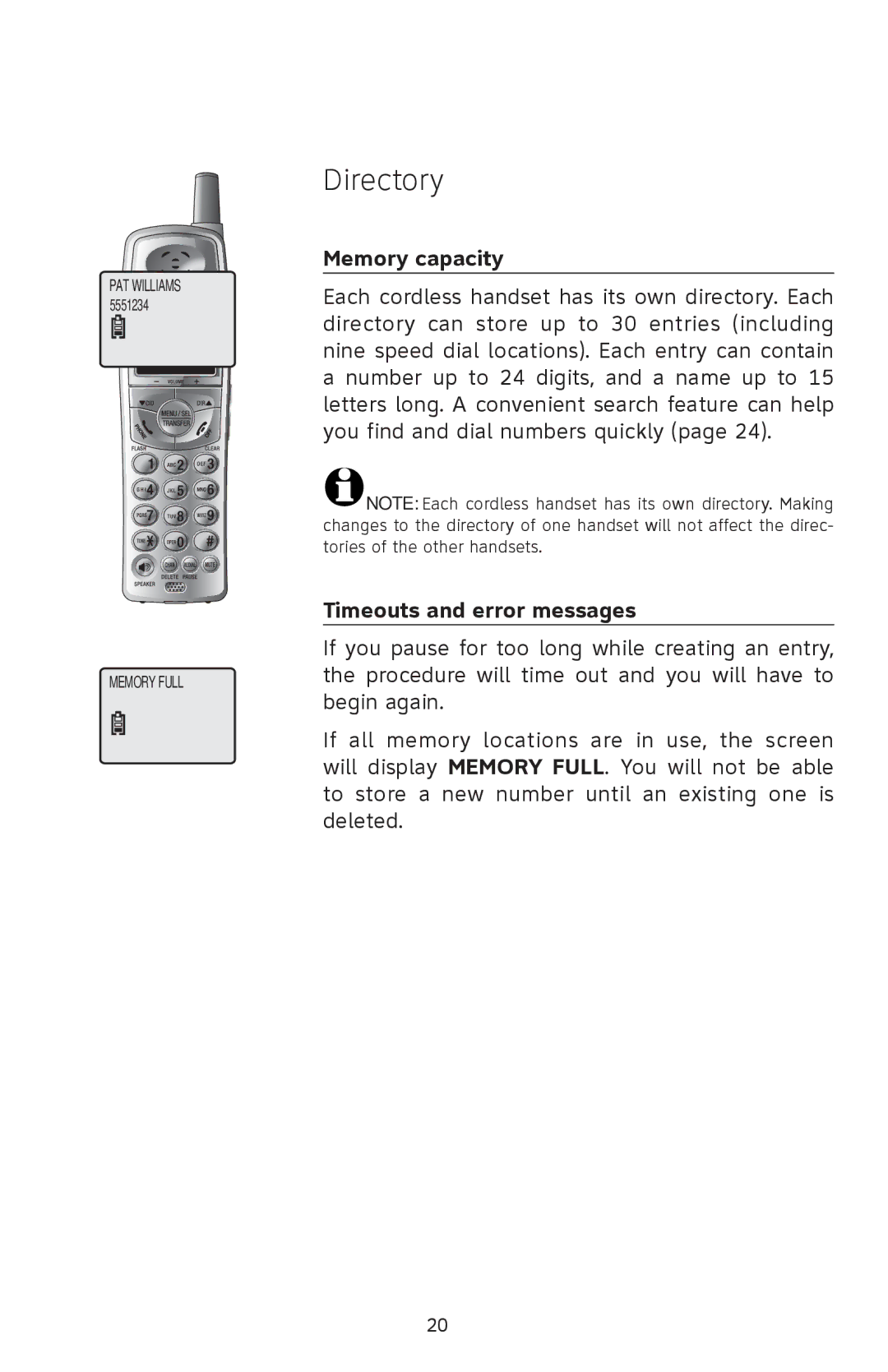 AT&T 91-001105-040-100 user manual Memory capacity, Timeouts and error messages 