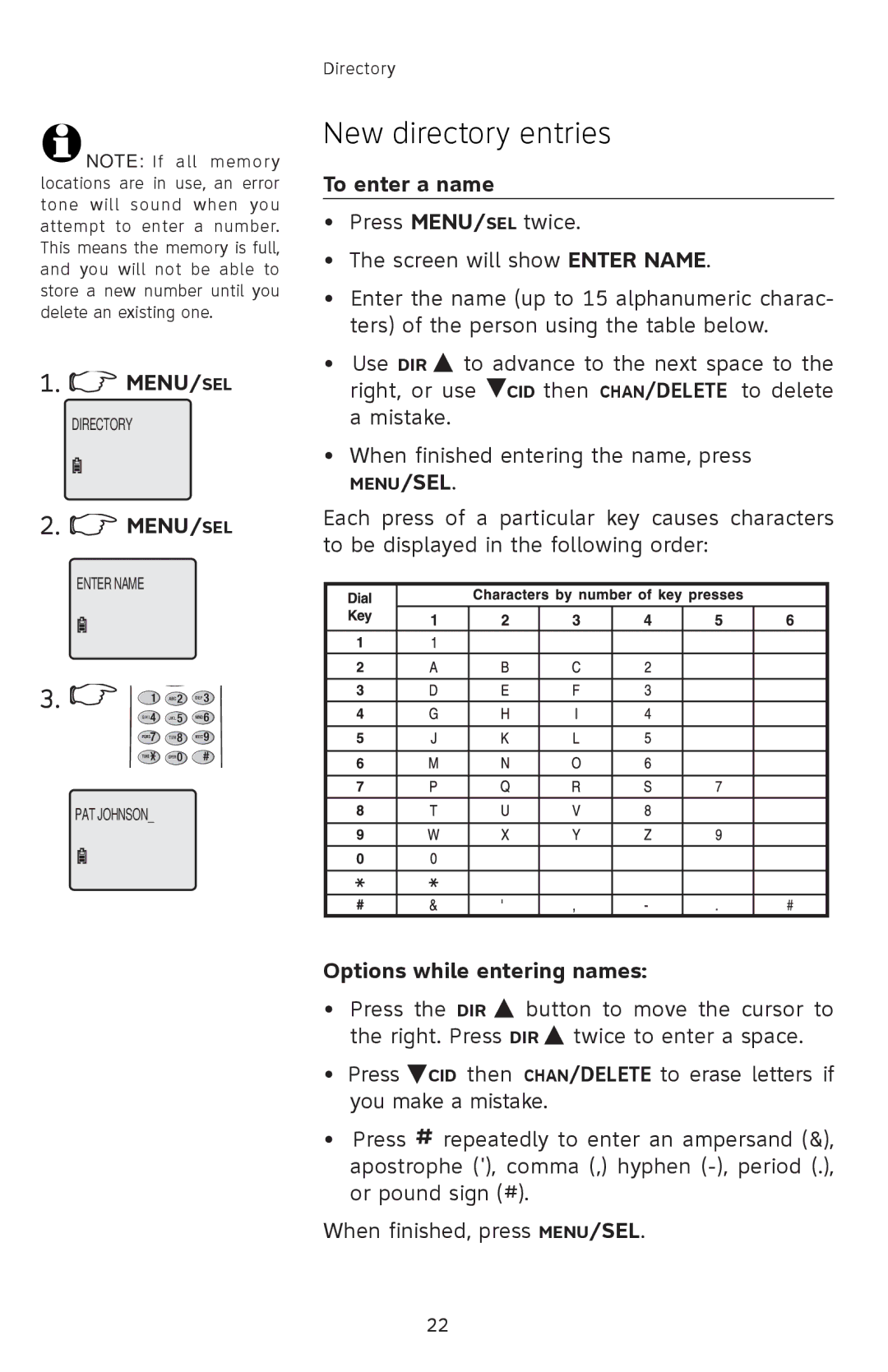 AT&T 91-001105-040-100 user manual New directory entries, To enter a name, Options while entering names 