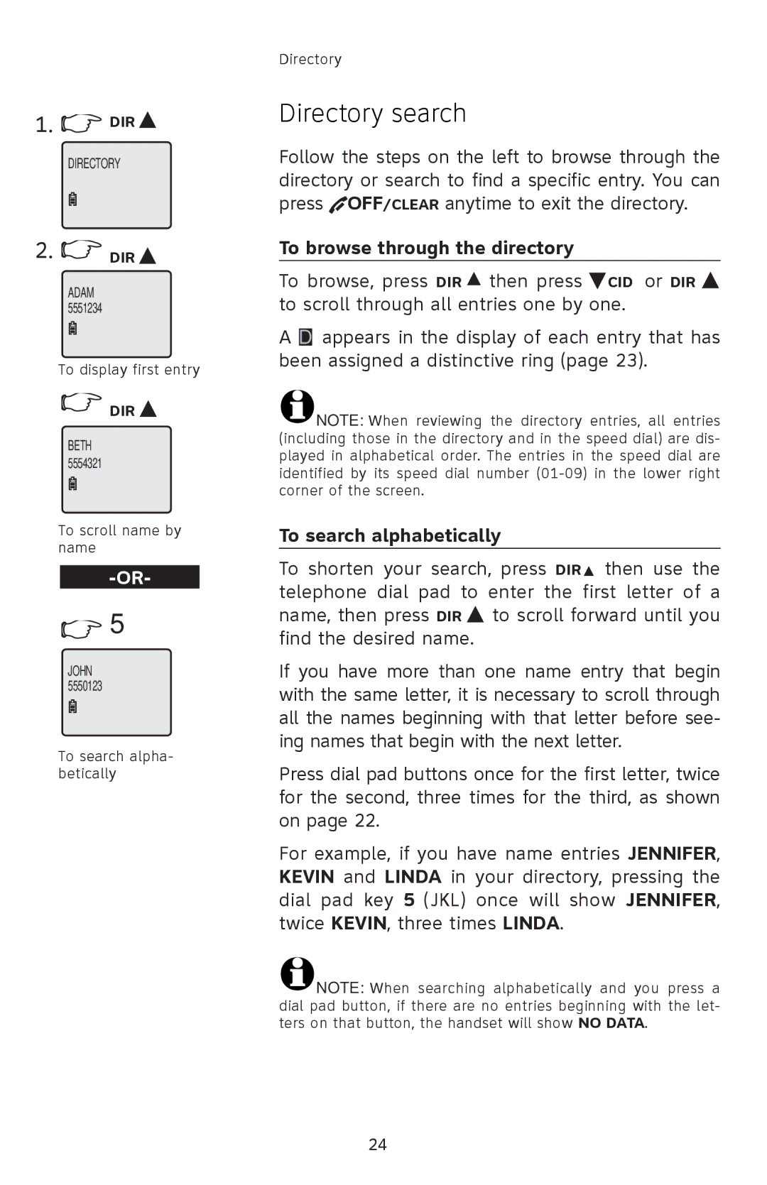 AT&T 91-001105-040-100 user manual Directory search, To browse through the directory, To search alphabetically 