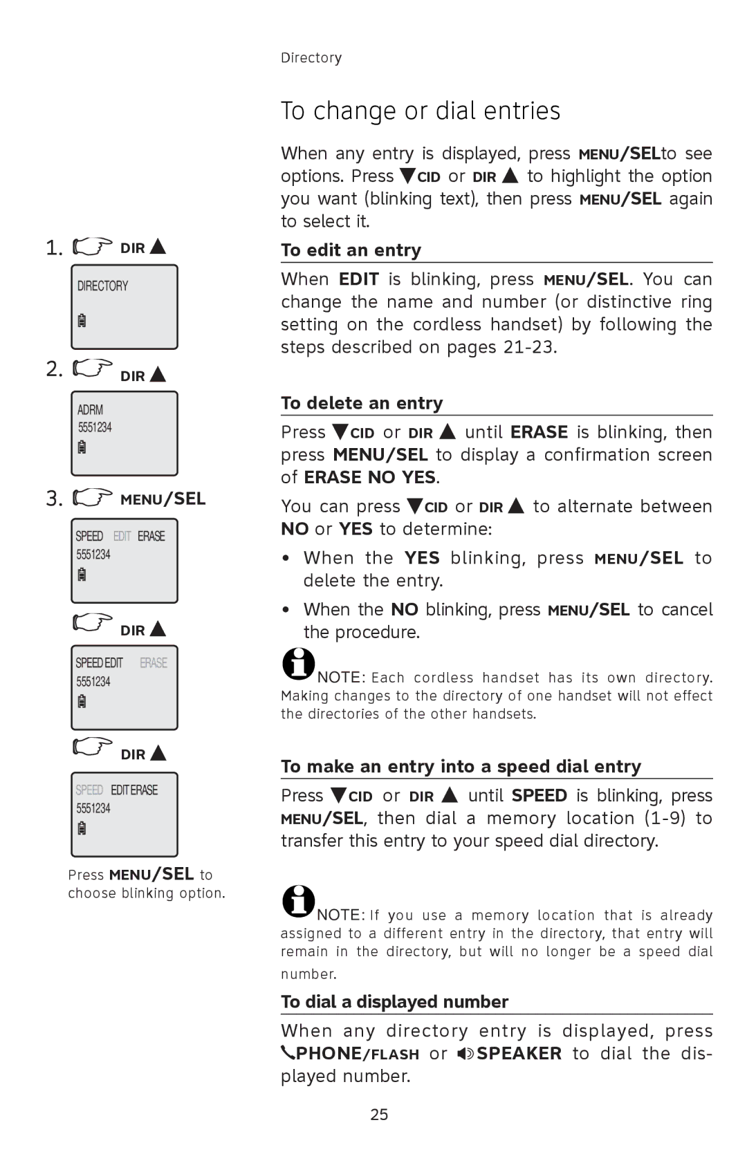 AT&T 91-001105-040-100 To change or dial entries, To edit an entry, To delete an entry, To dial a displayed number 