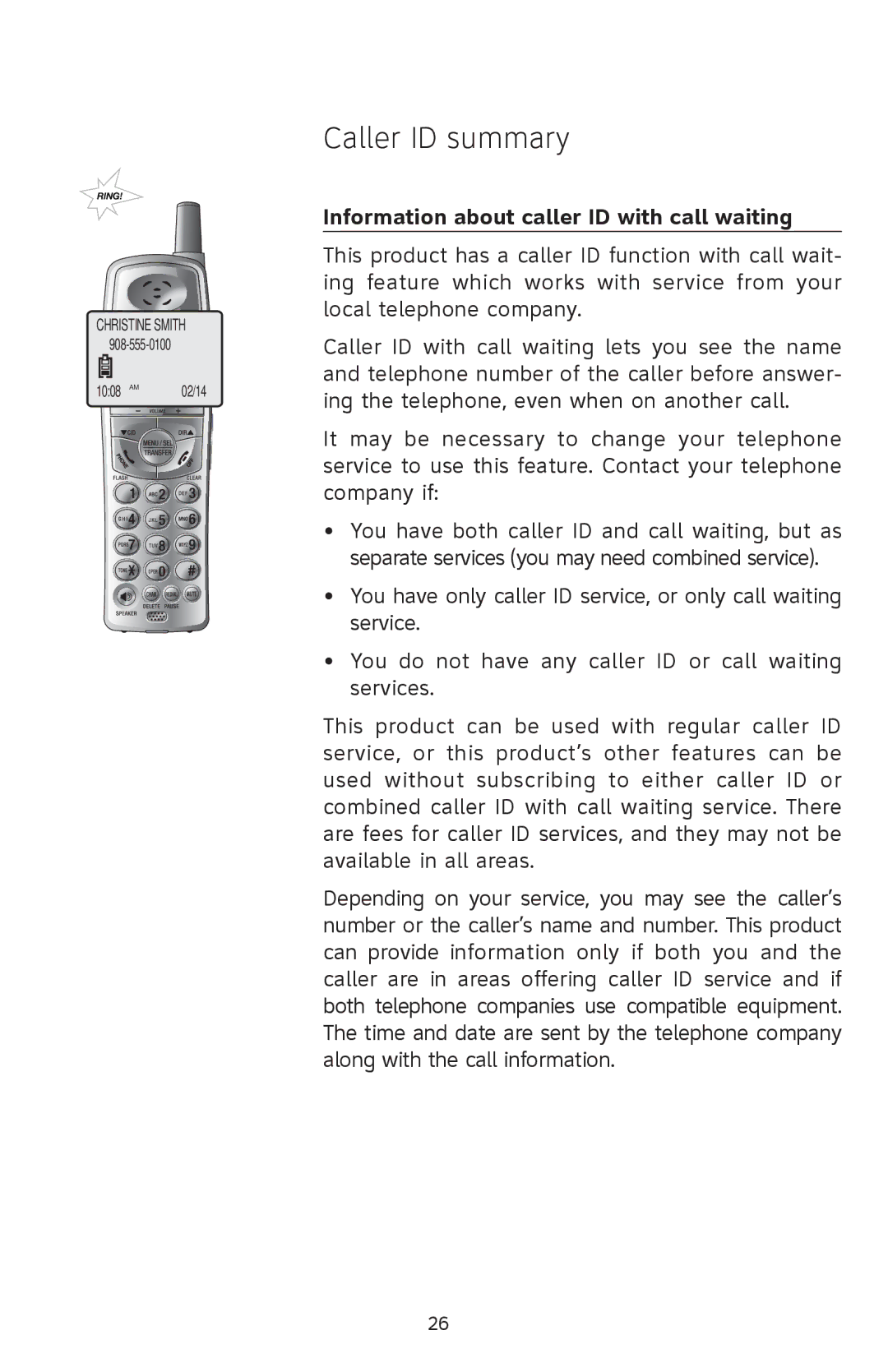 AT&T 91-001105-040-100 user manual Caller ID summary, Information about caller ID with call waiting 