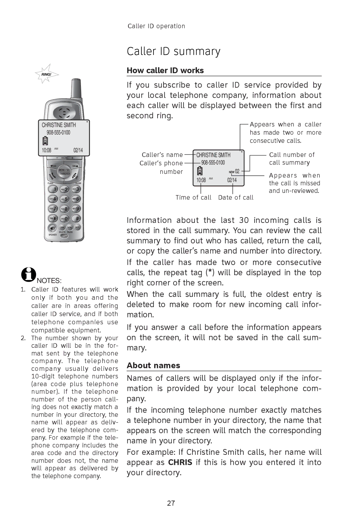 AT&T 91-001105-040-100 user manual Caller ID summary, How caller ID works, About names 