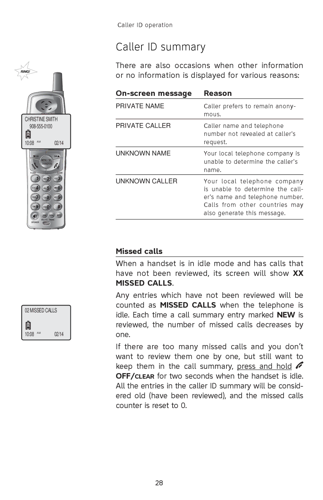 AT&T 91-001105-040-100 user manual On-screen message Reason, Missed calls 