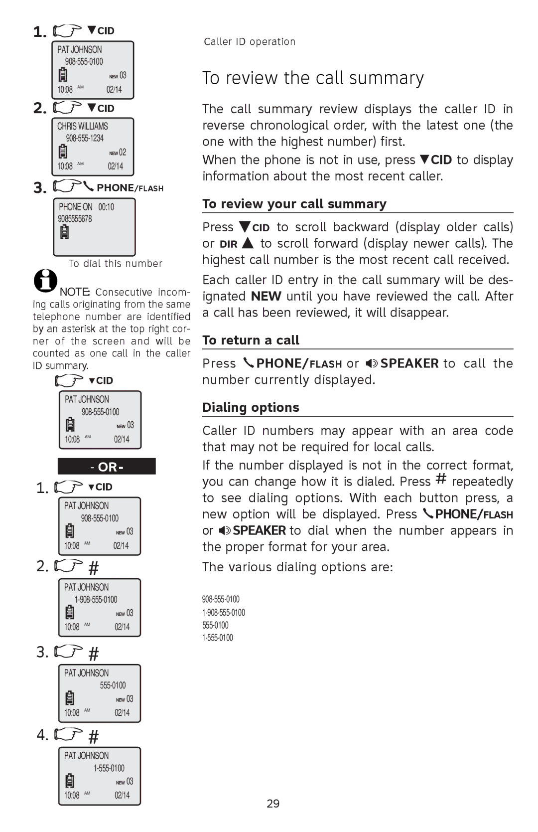 AT&T 91-001105-040-100 To review the call summary, To review your call summary, To return a call, Dialing options 