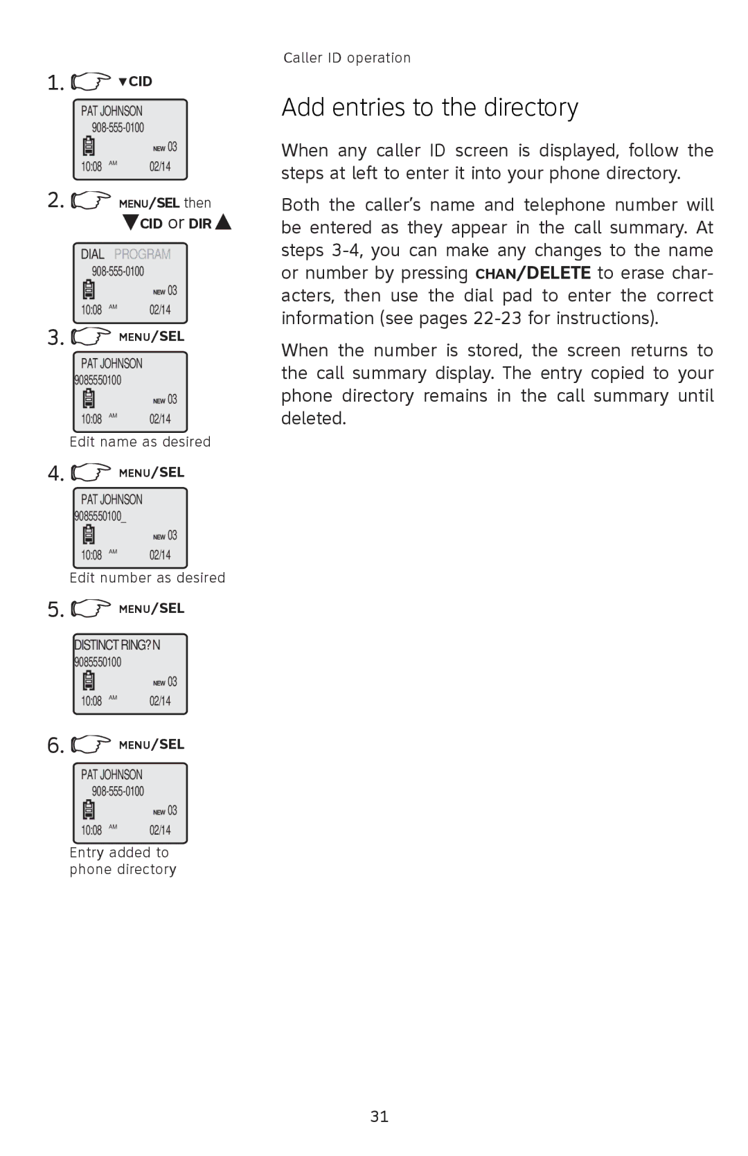 AT&T 91-001105-040-100 user manual Add entries to the directory, CID or DIR 