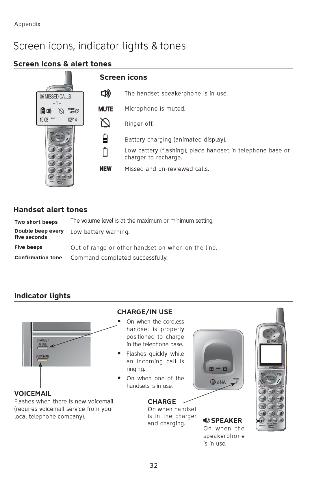 AT&T 91-001105-040-100 user manual Screen icons, indicator lights & tones, Screen icons & alert tones, Handset alert tones 