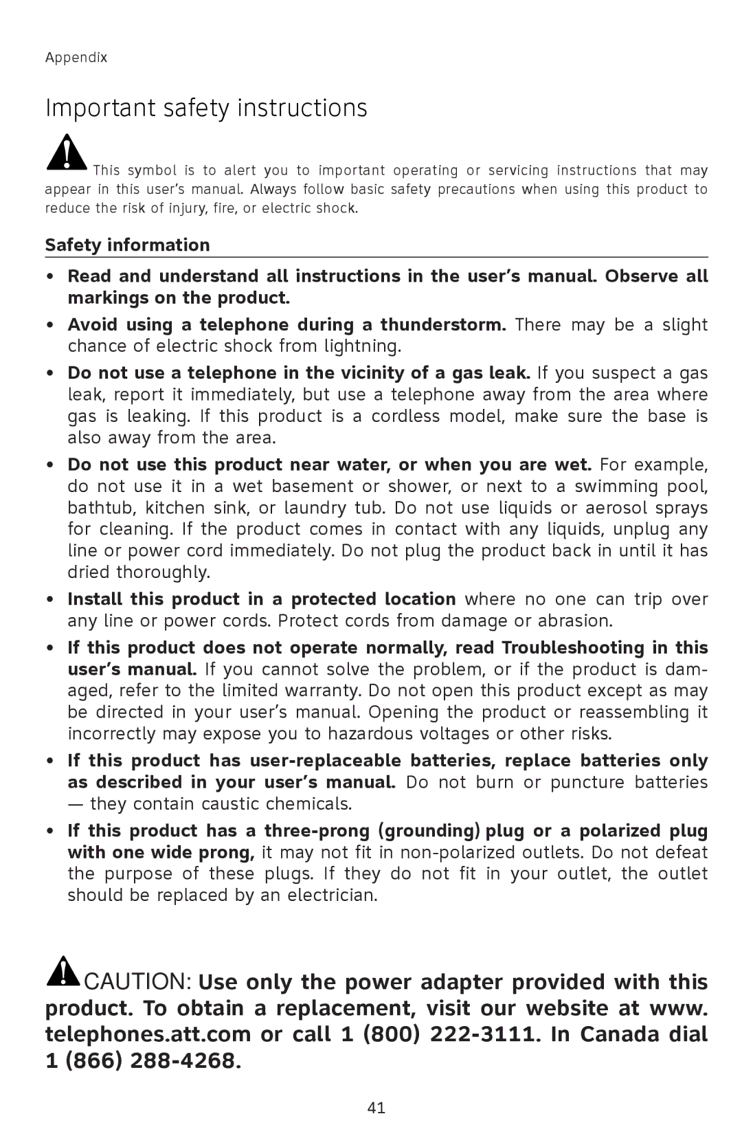 AT&T 91-001105-040-100 user manual Important safety instructions 