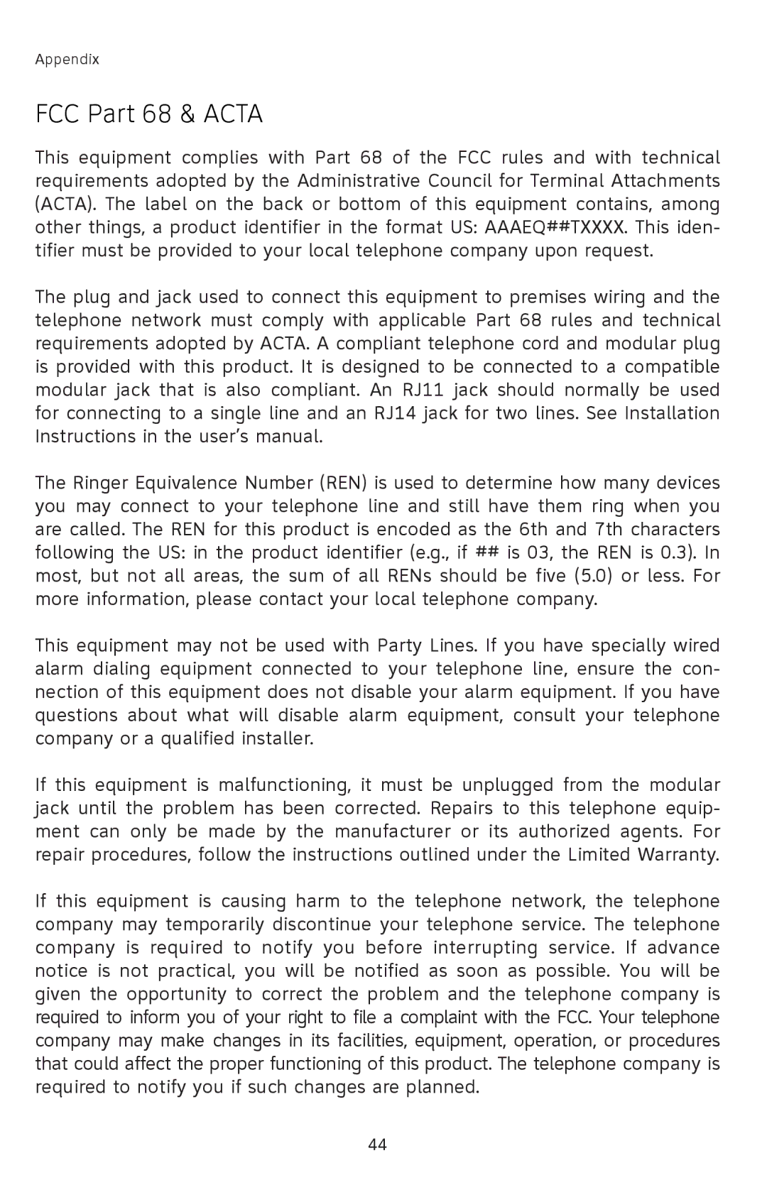 AT&T 91-001105-040-100 user manual FCC Part 68 & Acta 