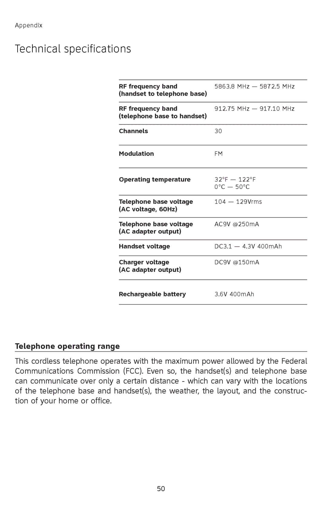 AT&T 91-001105-040-100 user manual Technical specifications, Telephone operating range 