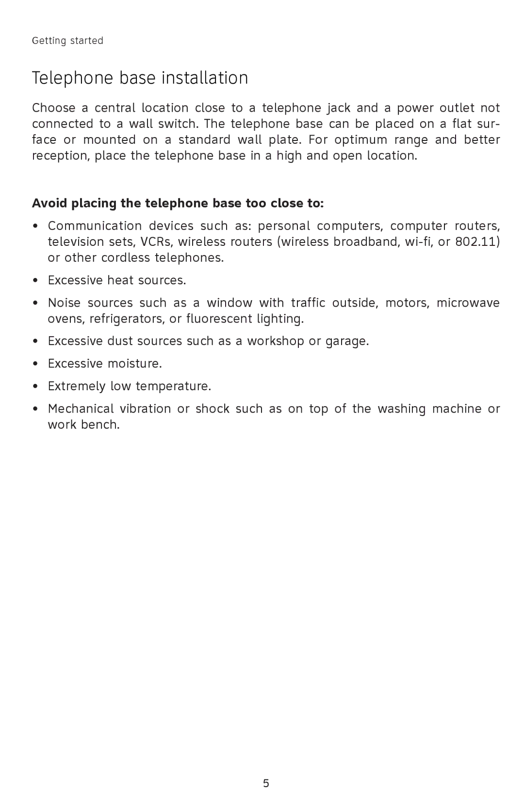 AT&T 91-001105-040-100 user manual Telephone base installation, Avoid placing the telephone base too close to 