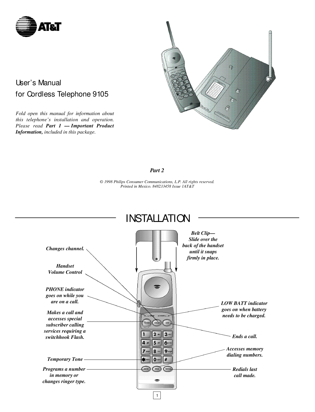 AT&T 9105 user manual Installation, User’s Manual For Cordless Telephone 