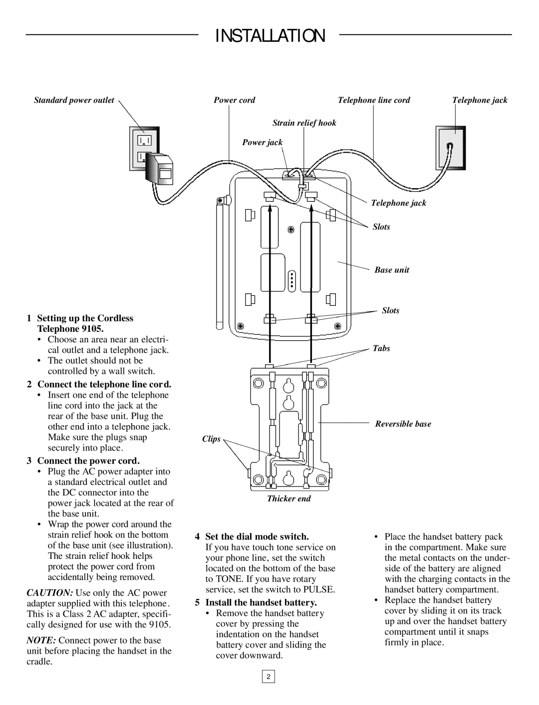 AT&T 9105 user manual Setting up the Cordless, Telephone, Connect the power cord, Set the dial mode switch 