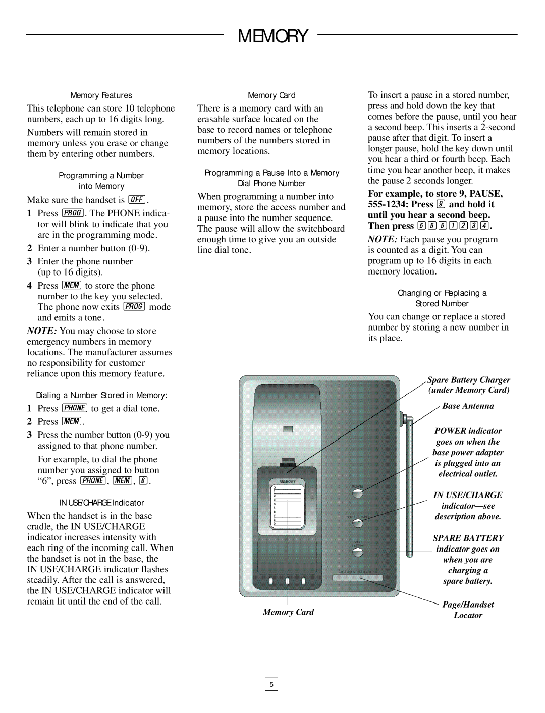 AT&T 9105 user manual Memory, For example, to store 9, Pause, Then press 