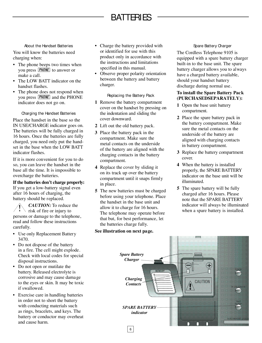 AT&T 9105 user manual Batteries, See illustration on next, To install the Spare Battery Pac k 