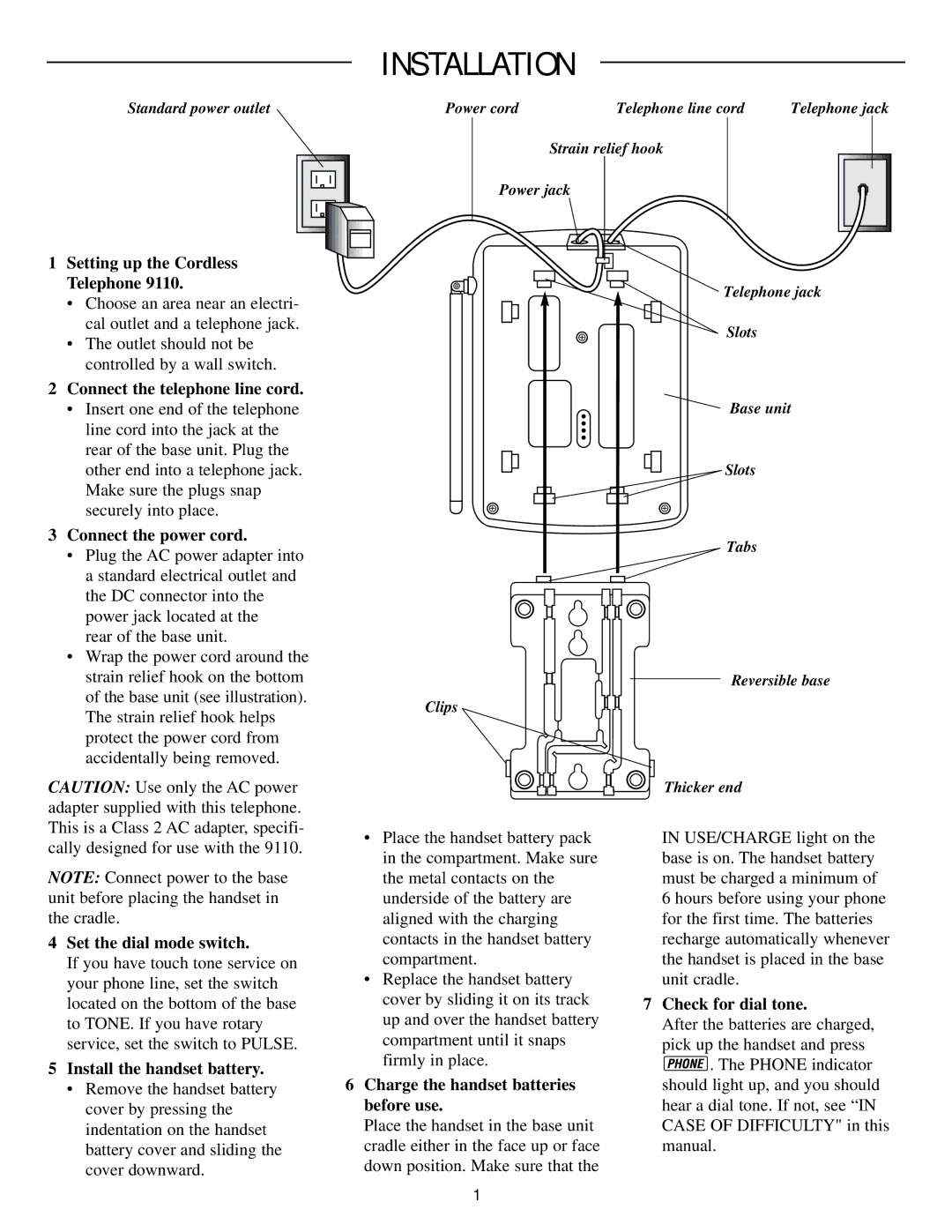 AT&T 9110 Setting up the Cordless Telephone, Connect the telephone line cord, Connect the power cord, Before use 