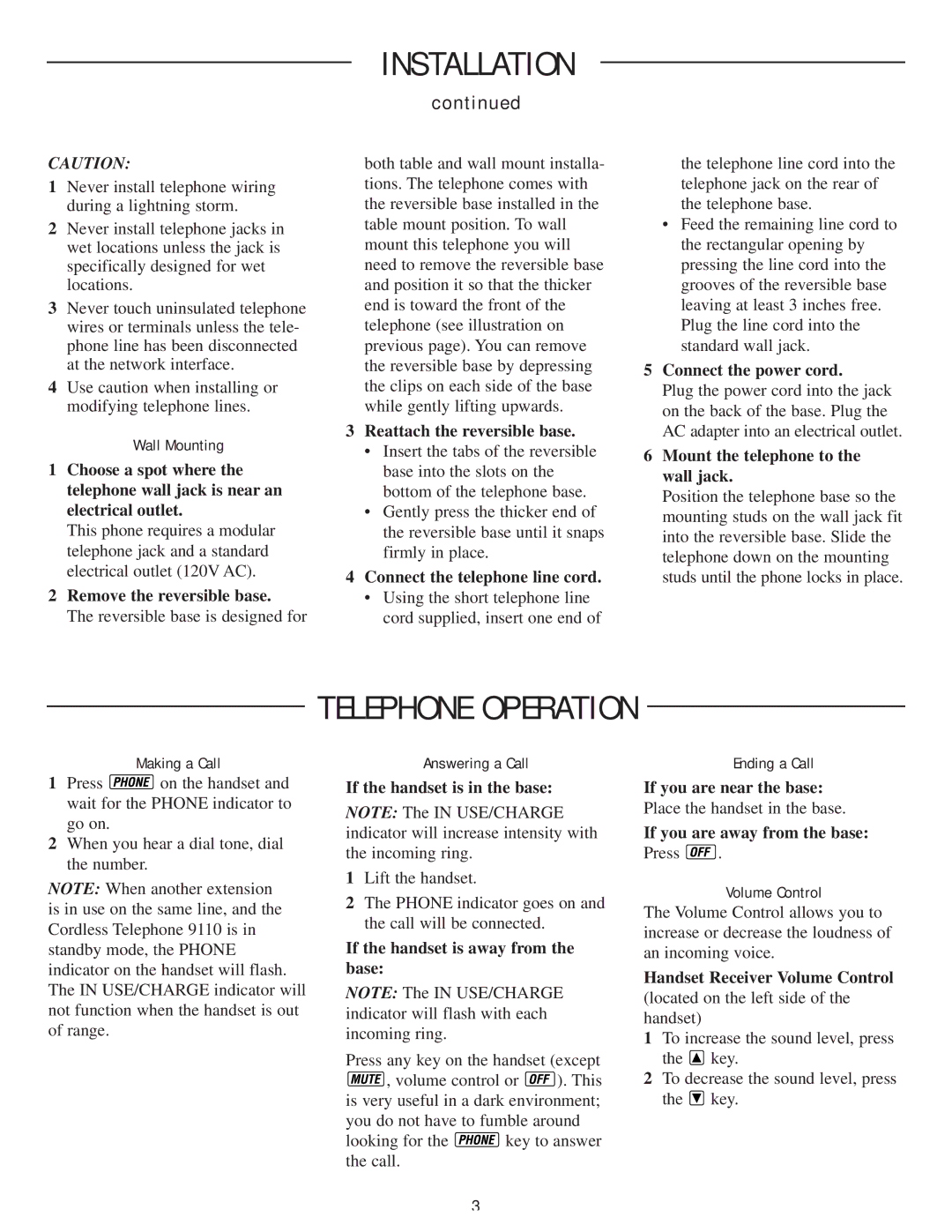 AT&T 9110 user manual Telephone Operation 