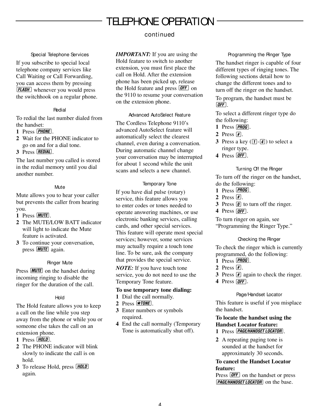 AT&T 9110 user manual To use temporary tone dialing, To locate the handset using the Handset Locator feature 