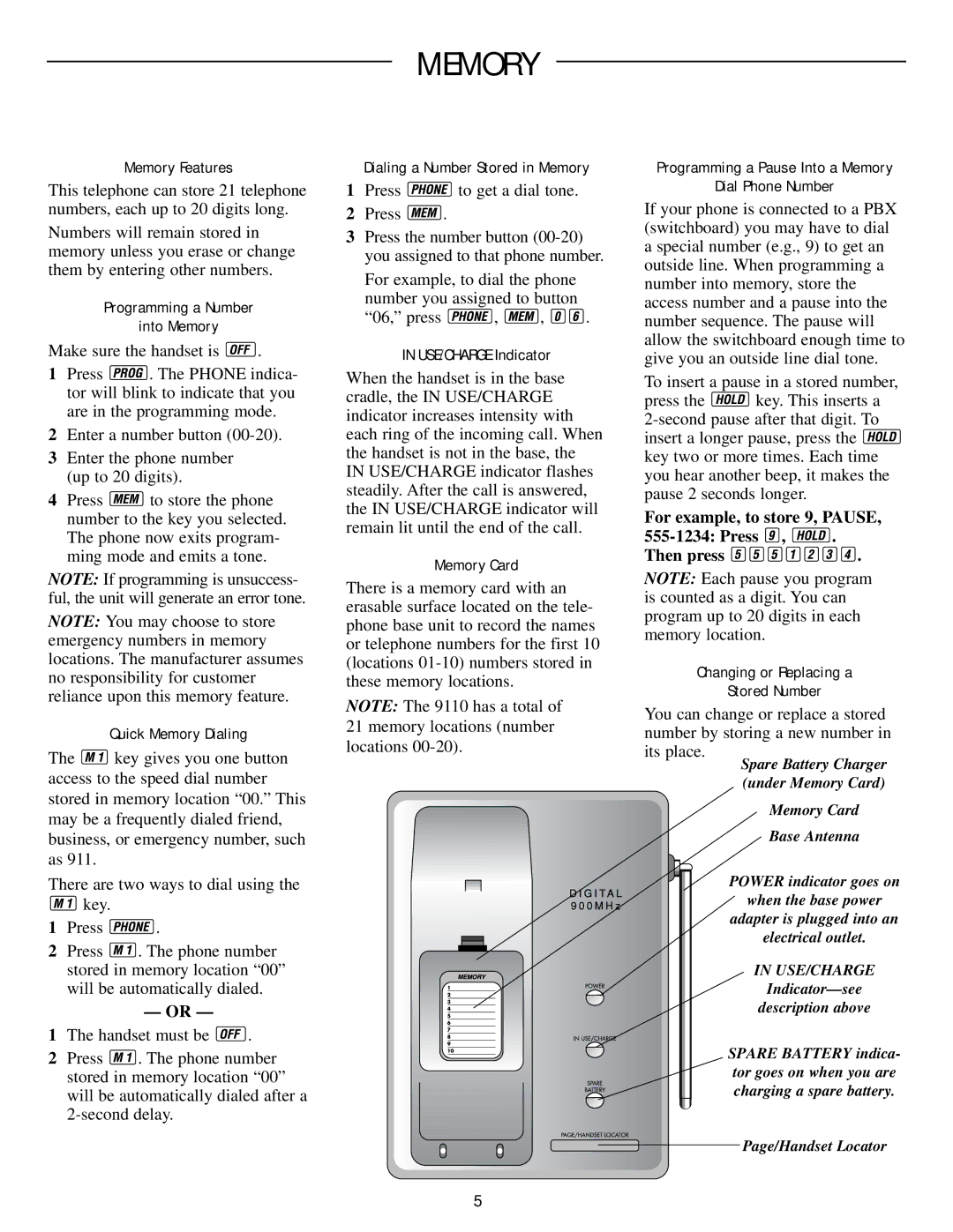 AT&T 9110 user manual Memory, For example, to store 9, Pause Press Then press 