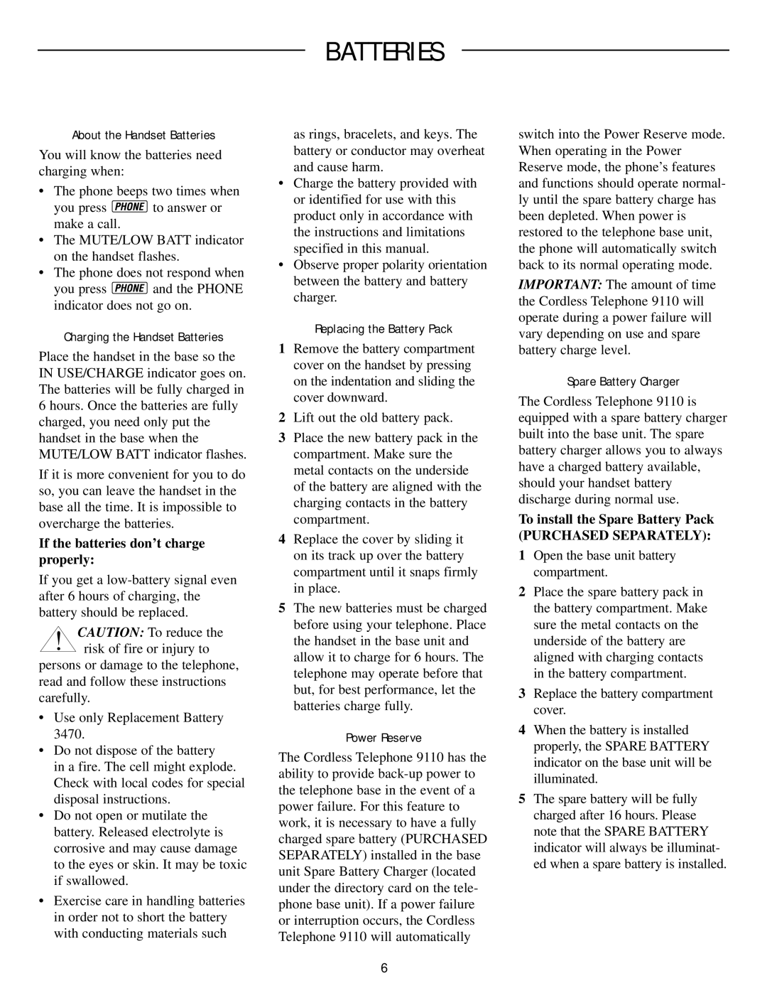 AT&T 9110 user manual Batteries, If the batteries don’t charge properly, To install the Spare Battery Pack 