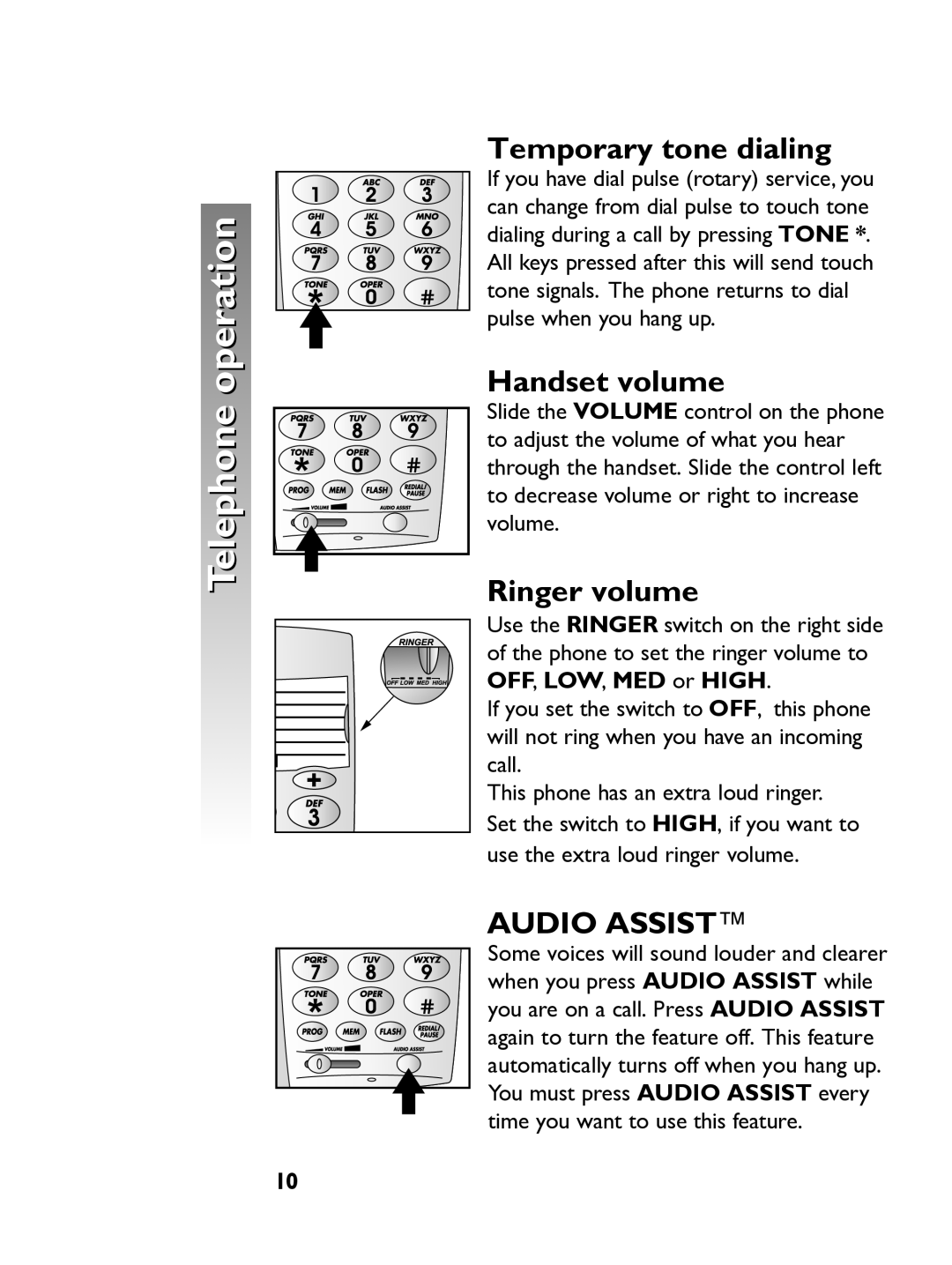 AT&T 915 user manual Temporary tone dialing, Handset volume, Ringer volume 