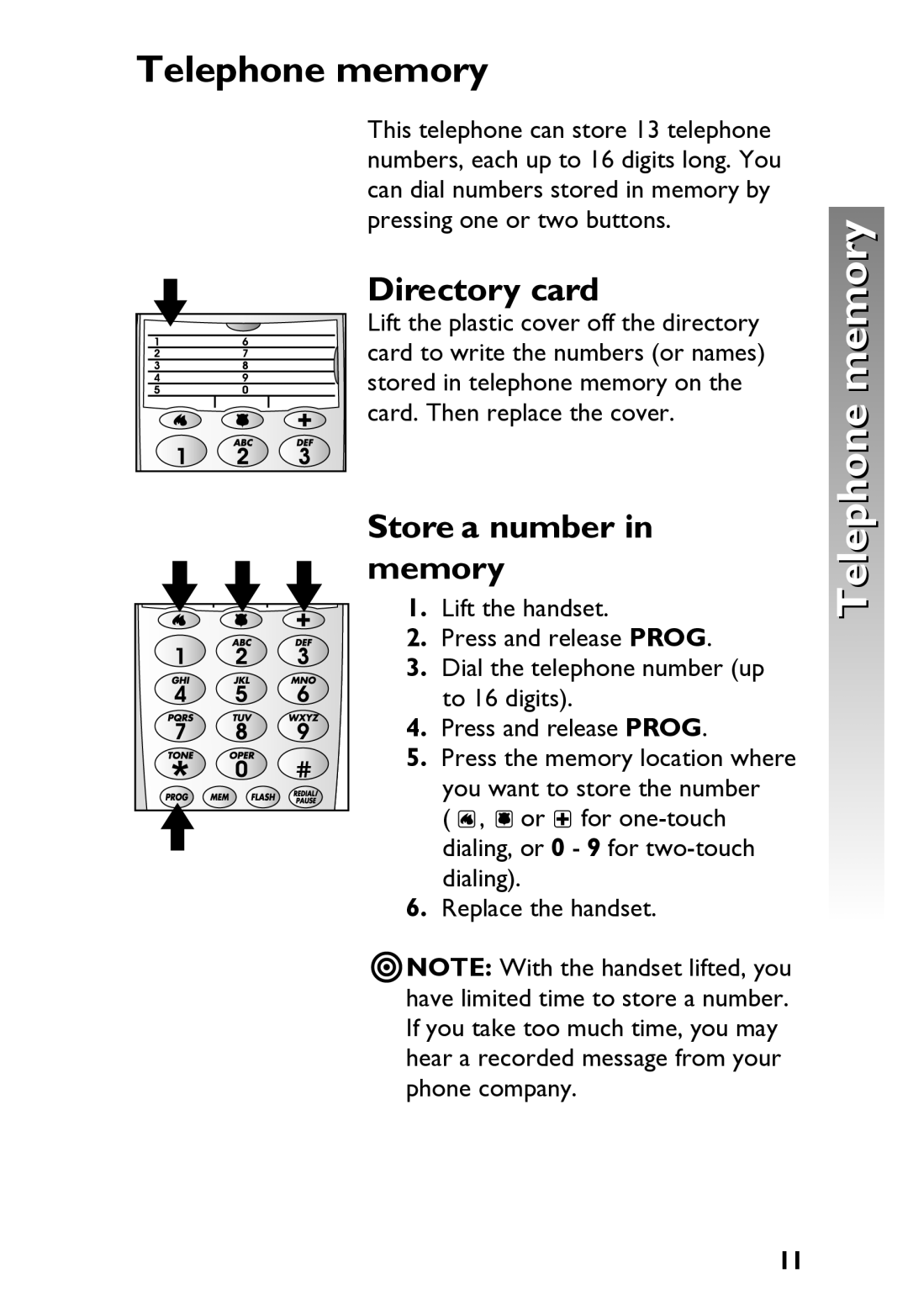 AT&T 915 user manual Telephone memory, Directory card, Store a number in memory 