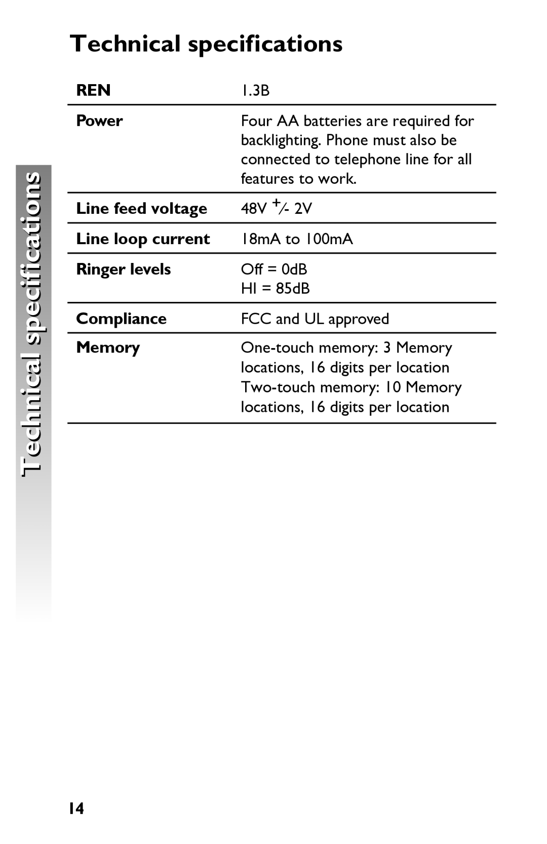 AT&T 915 user manual Technical specifications 