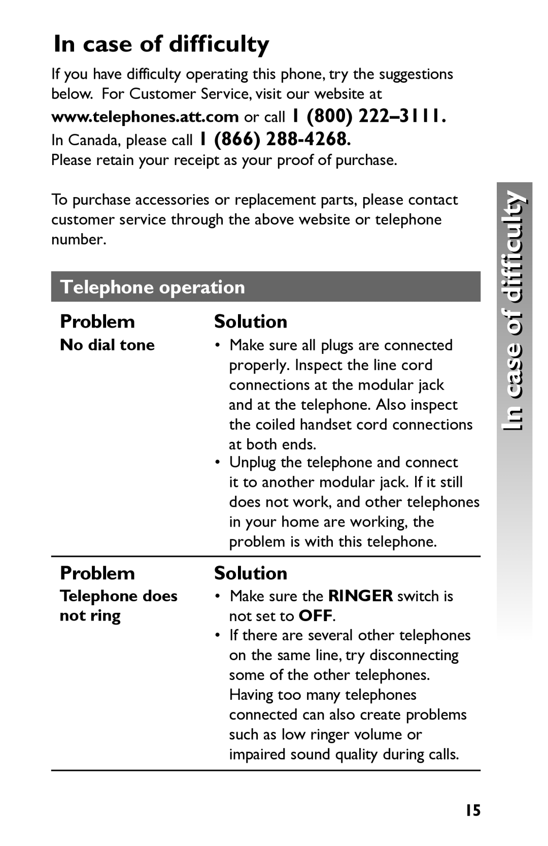 AT&T 915 user manual Case of difficulty, No dial tone, Telephone does, Not ring 