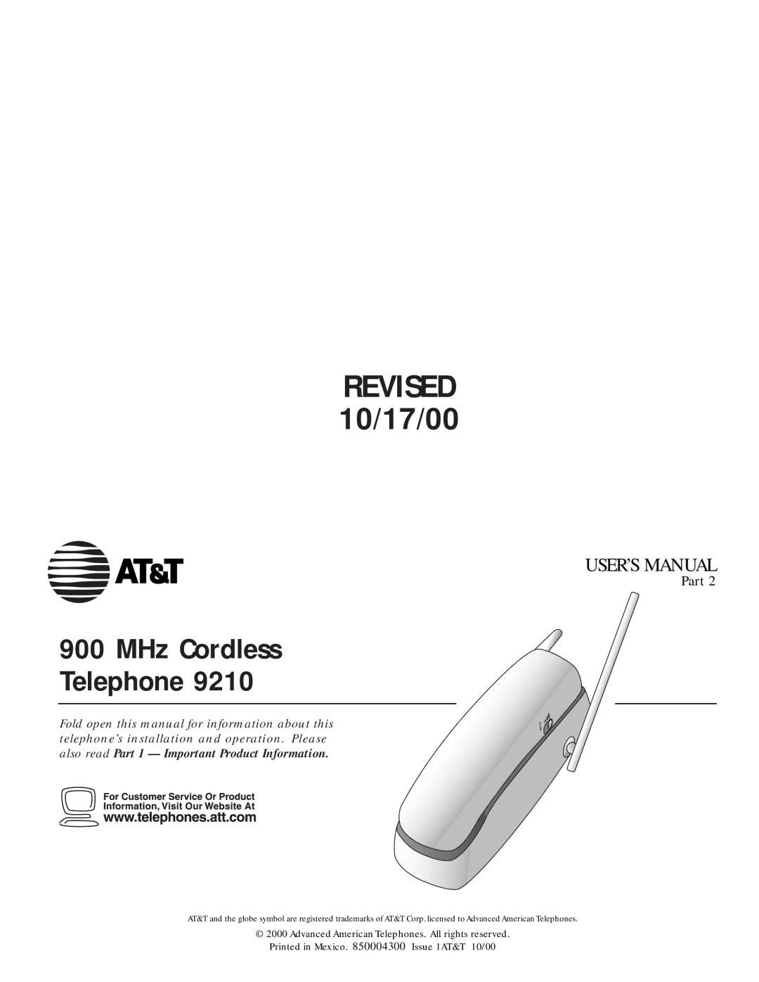 AT&T 9210 user manual MHz Cordless Telephone, Also read Part 1 Important Product Information 