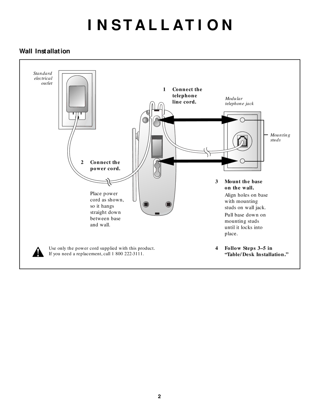 AT&T 9210 user manual Wall Installation, Connect Telephone, Line cord, Mount the base on the wall 