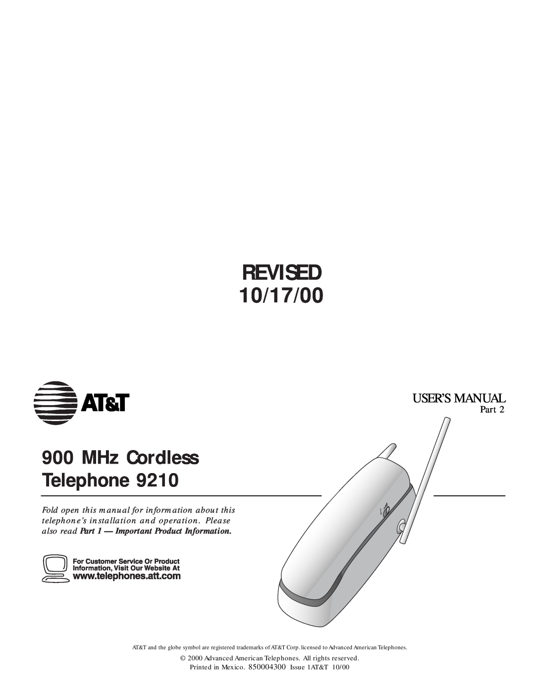 AT&T 9210 user manual also read Part 1 - Important Product Information, MHz Cordless Telephone, REVISED 10/17/00 