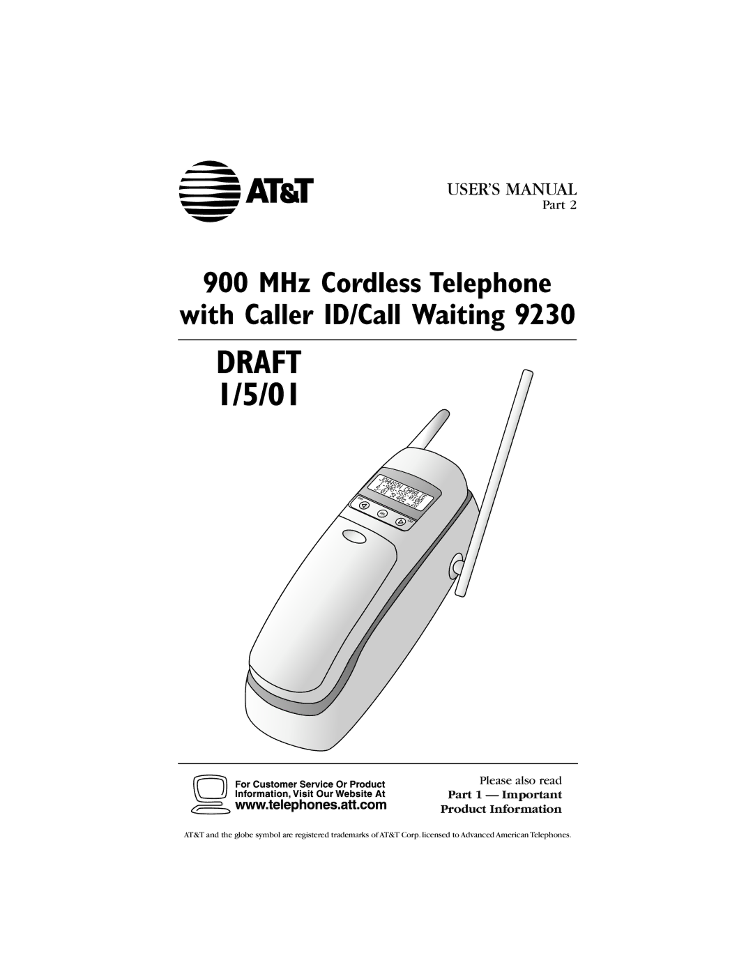 AT&T 9230 user manual MHz Cordless Telephone With Caller ID/Call Waiting 