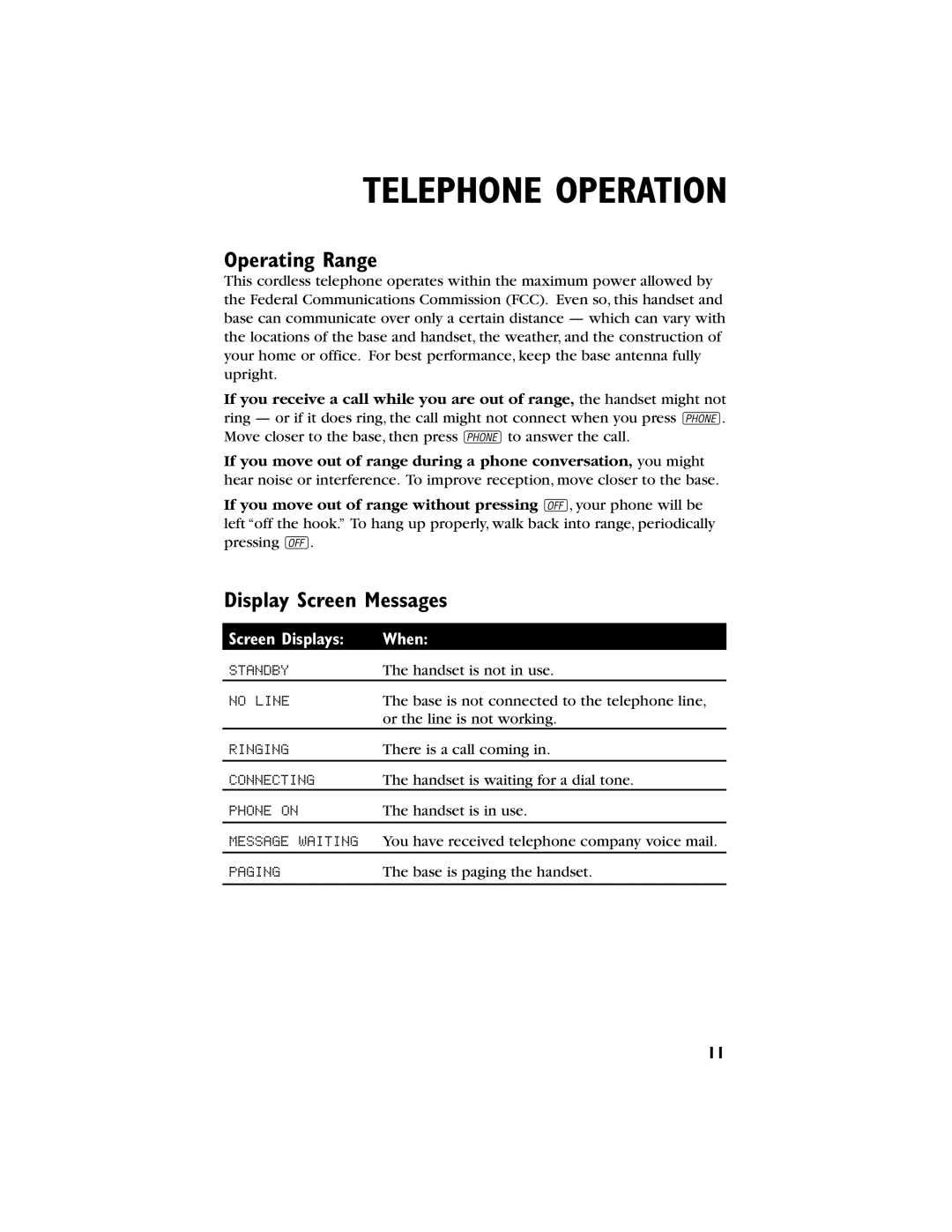 AT&T 9230 user manual Operating Range, Display Screen Messages 