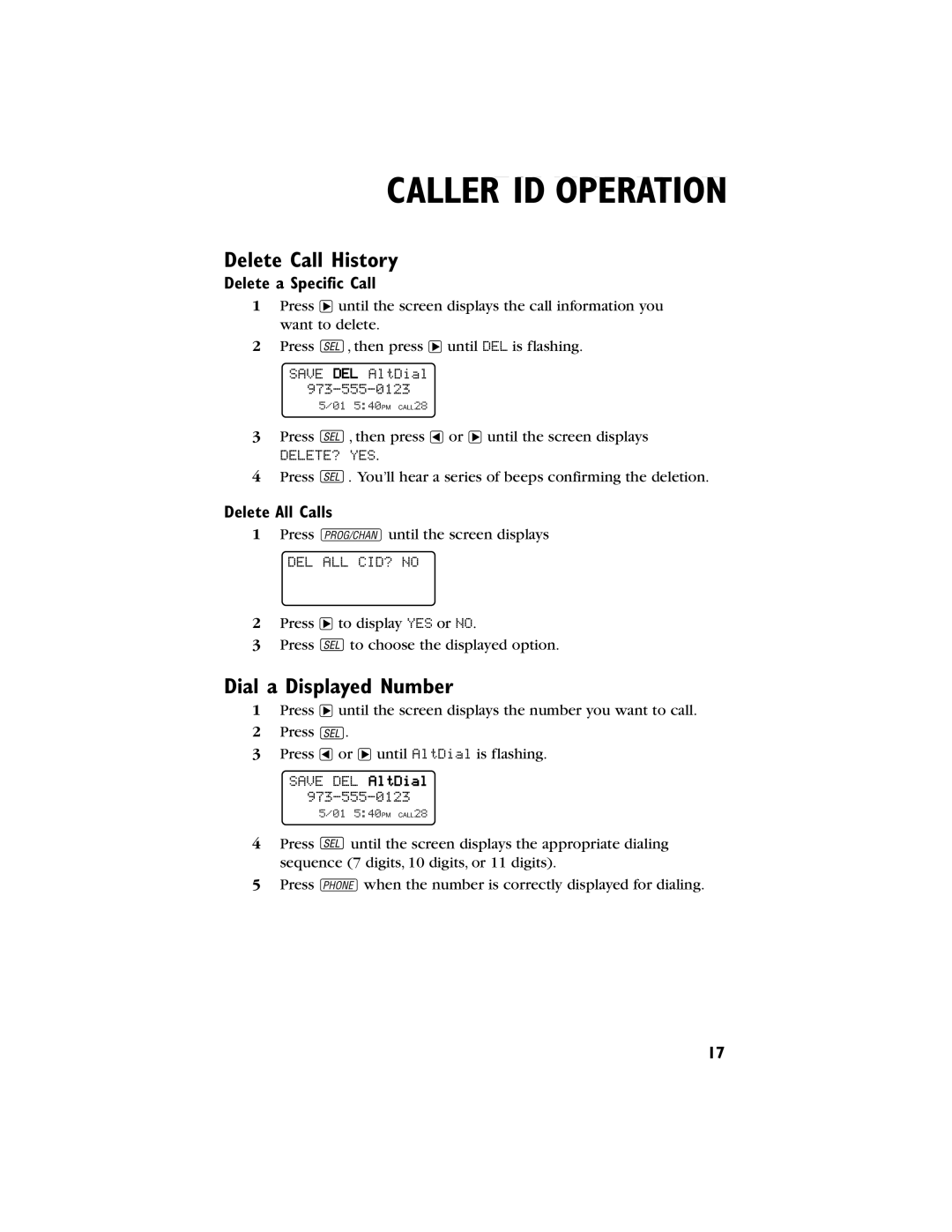 AT&T 9230 user manual Delete Call History, Dial a Displayed Number, Delete a Specific Call, Delete All Calls 