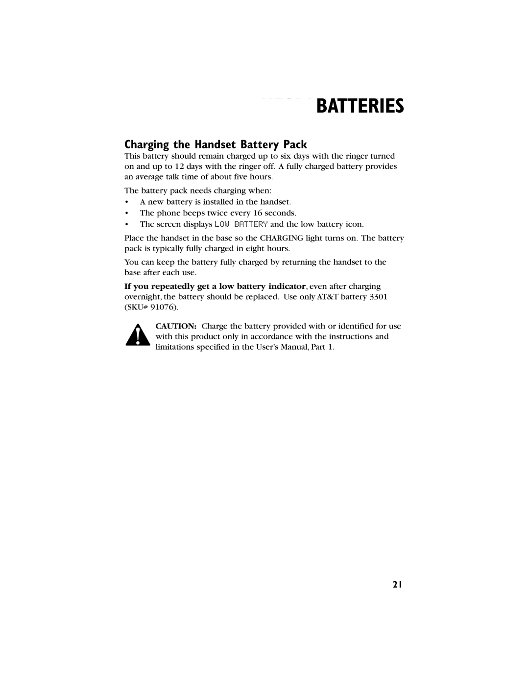 AT&T 9230 user manual Batteries, Charging the Handset Battery Pack 