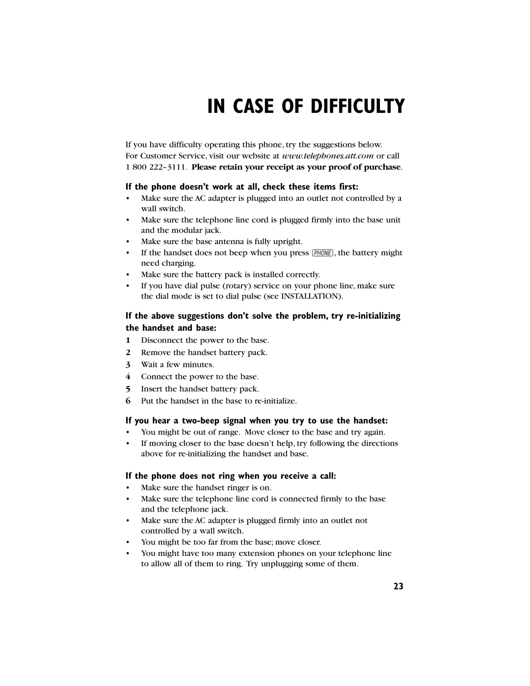 AT&T 9230 user manual Case of Difficulty, If the phone doesn’t work at all, check these items first 