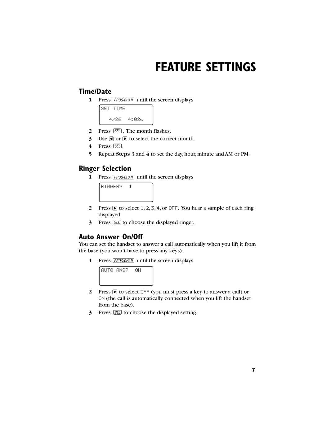 AT&T 9230 user manual Feature Settings, Time/Date, Ringer Selection, Auto Answer On/Off 