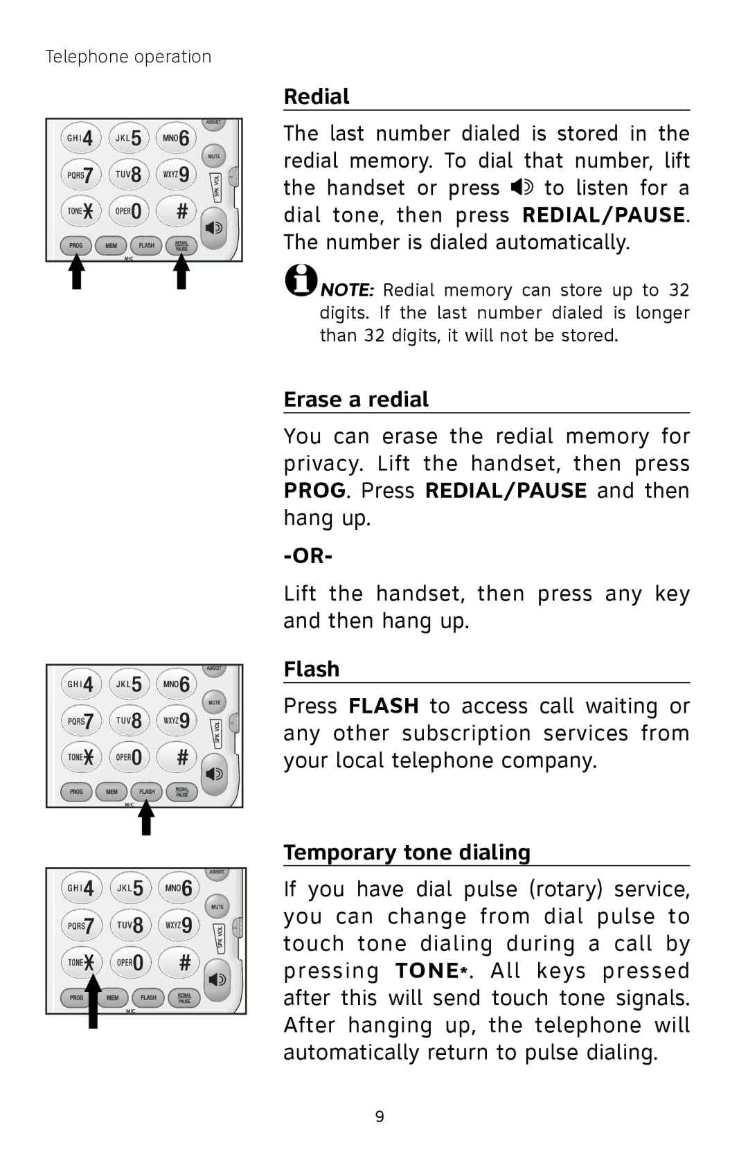 AT&T 929 user manual Redial, Erase a redial, Flash, Temporary tone dialing 