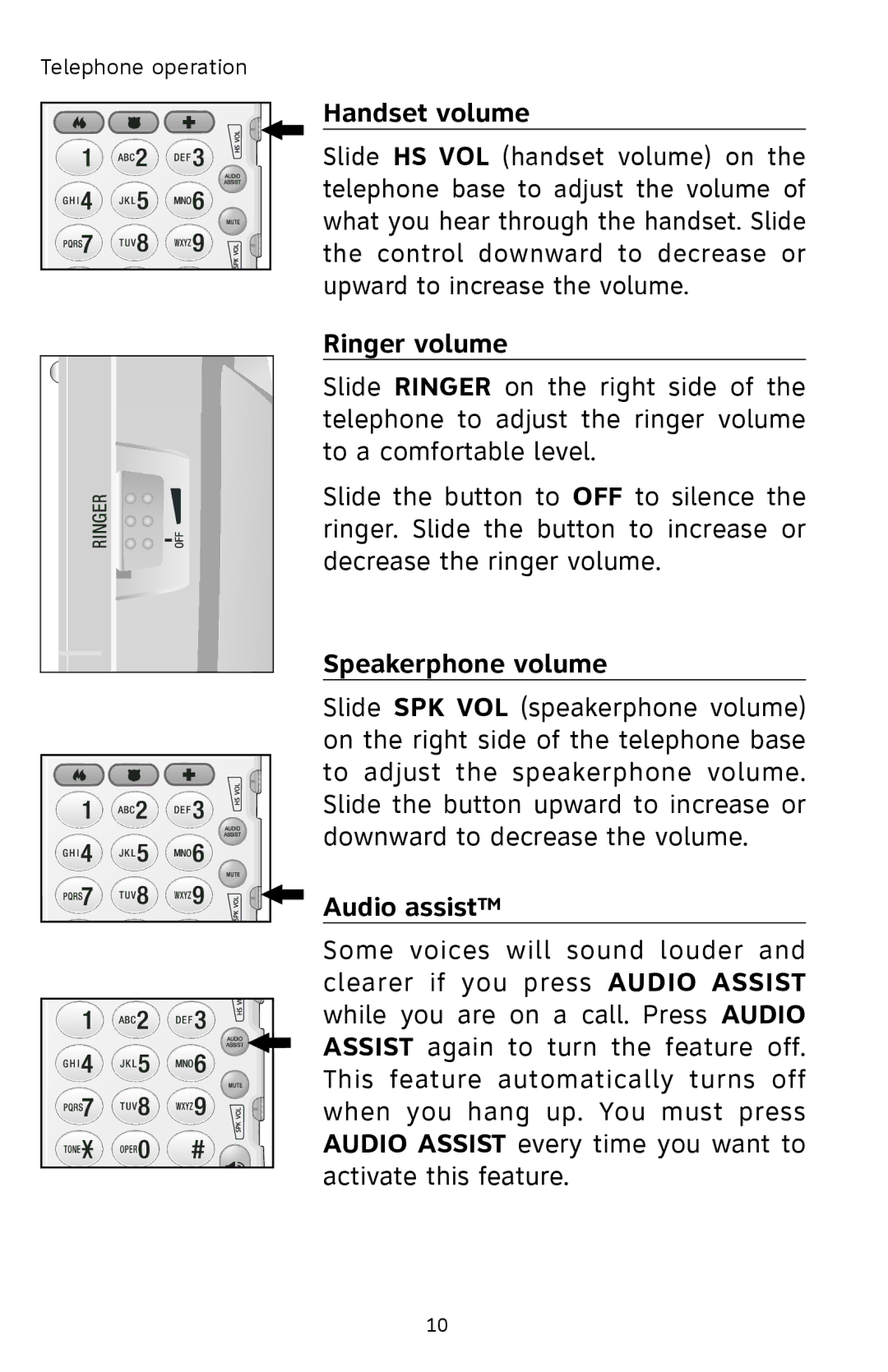 AT&T 929 user manual Handset volume, Ringer volume, Speakerphone volume, Audio assistTM 