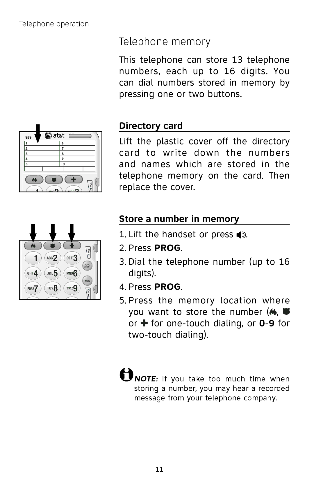 AT&T 929 user manual Telephone memory, Directory card, Store a number in memory 