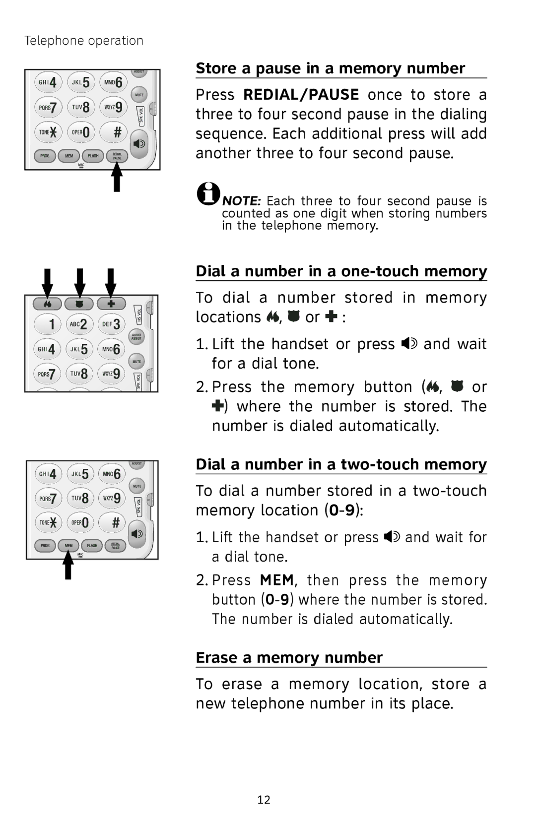 AT&T 929 Store a pause in a memory number, Dial a number in a one-touch memory, Dial a number in a two-touch memory 