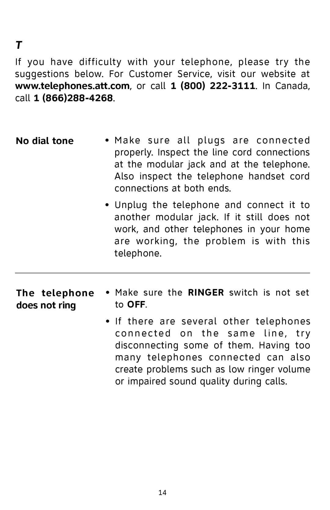 AT&T 929 user manual Troubleshooting, No dial tone, Telephone, Does not ring 