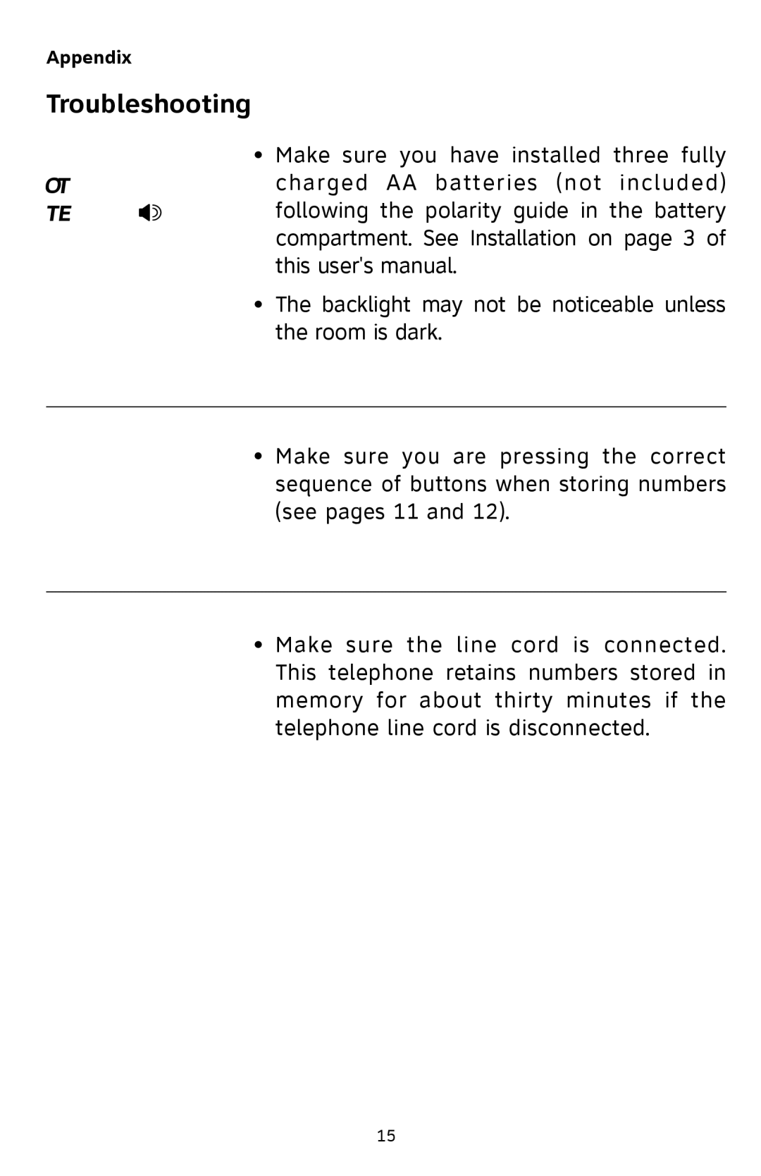 AT&T 929 user manual Backlight, Is dim or not functioning 