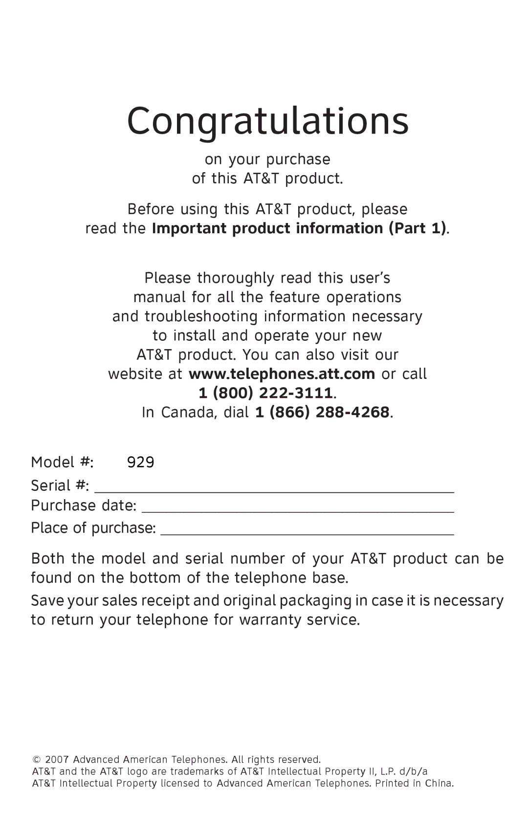 AT&T 929 user manual Read the Important product information Part, 800 