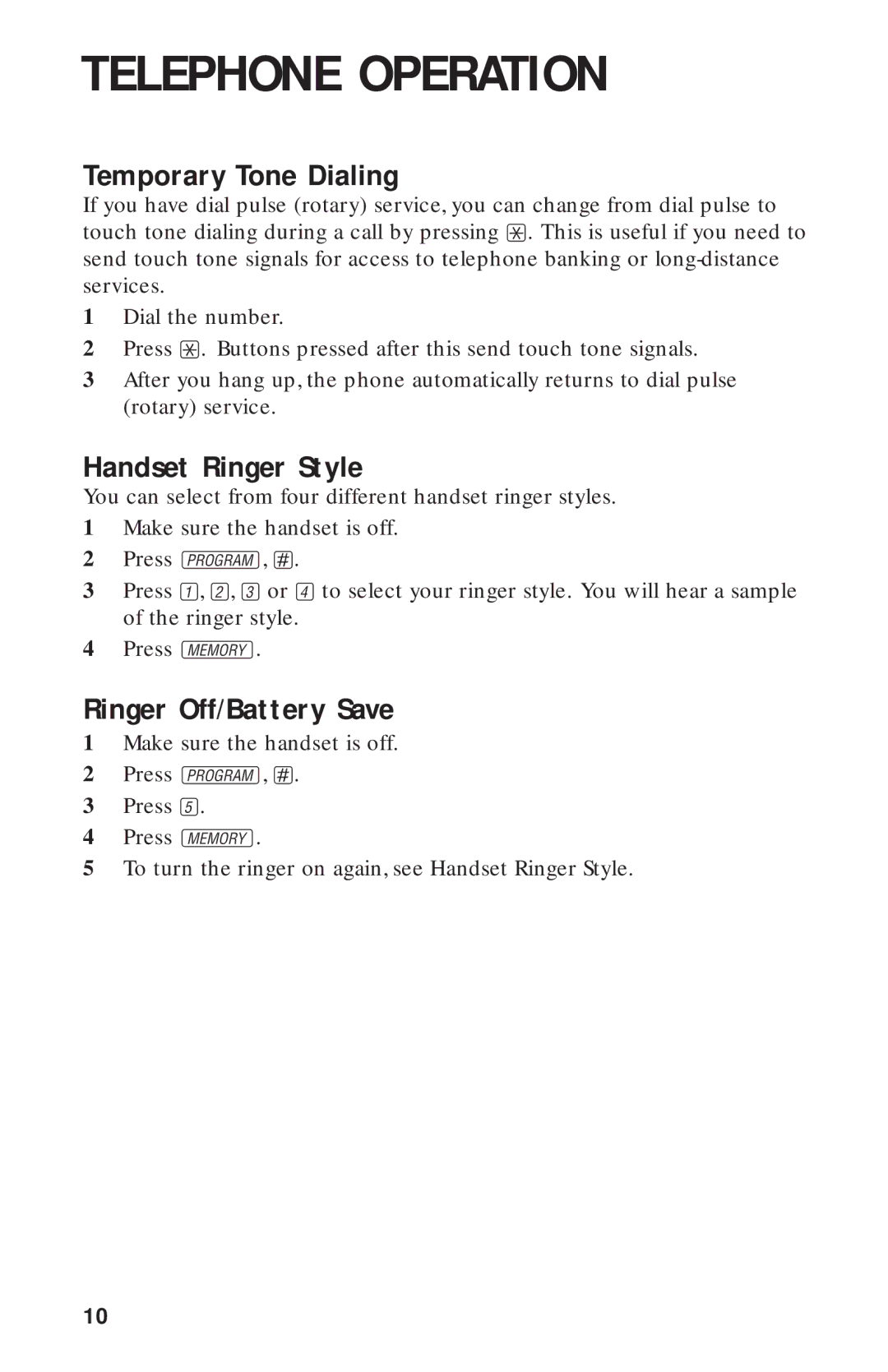 AT&T 9311 user manual Temporary Tone Dialing, Handset Ringer Style, Ringer Off/Battery Save 